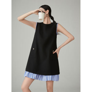 XIAODADEHUA | Striped Black Sleeveless Sheath Dress A-Line Medium-Long