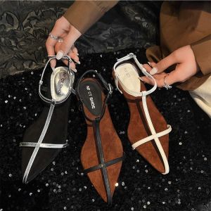 New French Pointed Toe Straps Roman Sandals Women's Cut-out Strap Flat Silver Open-toe Sandals