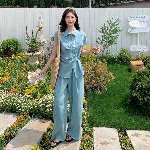 YINLUOYA | Elegant Salt Series Shirt Set Womens 2025 New Casual Wide Leg Pants Great Summer Outfit Two Piece Set Polo Collar Short Sleeve