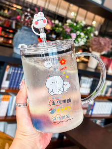 Large Capacity Heat Resistant Glass Cup with Straw for Office Coffee Home Use High Aesthetic Value Mug Creative Cartoon Print