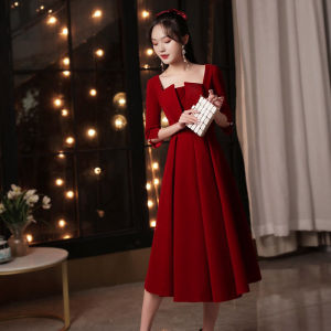 Elegant Red Midi Dress Square Collar Wedding Dress for Bridesmaid And Thank You Banquet Short plus Size Womens Dress