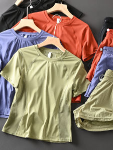 Foreign Trade Womens Clothing Smooth Plaid Breathable Quick-Drying Running Fashion Tape Elastic Short Sleeve Shorts Sports Yoga Suit Tide