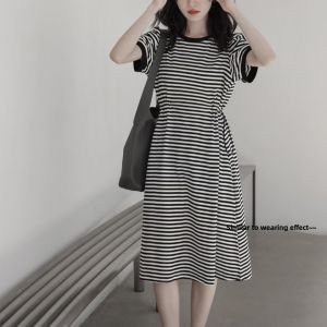 Slimming Stripe Design Womens Dress Waist-Cinching Drawstring Side High Waist Polyester A-Line Summer Casual Breathable