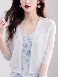 Silk Womens Summer New Style Air Conditioner Cardigan Knitted Outerwear Silk Ice Silk Shawl Sun Protection V-neck Short Sleeve
