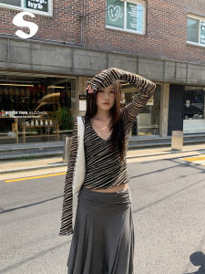 Áo Thun Tay Dài Cổ Chữ V Lưới Ôm Vừa Vặn Cho Nữ Mùa Thu Đông Áo Thun Cotton Pha Trộn Thường Ngày Có Họa Tiết Sọc Ngựa