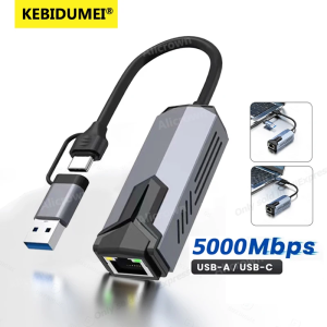 Kebidumei | 5Gbps Wired USB Network Card Gigabit Adapter USB/Type-C to RJ45 LAN Ethernet Converter Hub for Laptops Win11 Supports 5G/2.5G/1G