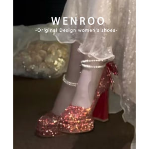 รองเท้าส้นสูงผู้หญิงสไตล์ฝรั่งเศส ดีไซน์โบว์สีแดง เทพีเจ้าสาว รองเท้าแต่งงานแบบสวม ส้นหนา หัวเข็มขัด รองเท้าแตะ รองเท้าแฟชั่น