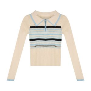Contrast Stripe Polo Neck Long Sleeve Knitted Sweater Short Fitting Top