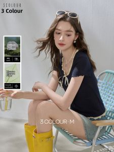 3COLOUR·S | Ruffled Tie Round Neck Illusion Two-Piece Slimming T-Shirt