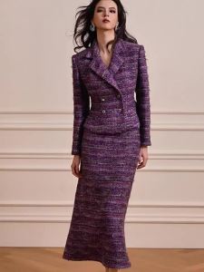 Elegant Slimming Purple Tweed Skirt Set