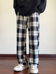 กางเกงขายาวทรงหลวมเอวสูงลายสก็อตสไตล์ย้อนยุคแบบอเมริกันสำหรับผู้ชายและผู้หญิง กางเกงขายาวทรงตรง ทรงหลวม ทรงหลวม ทรงหลวม