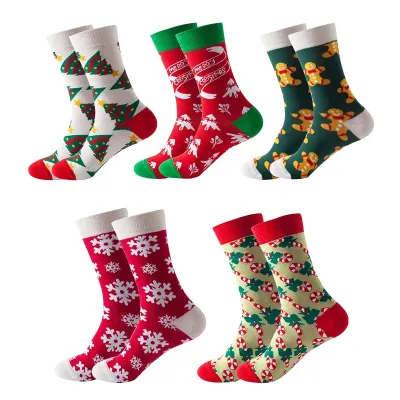 5Pairs New Christmas Socks Pure Cotton Thickened Warm Mid-Length Unisex Crew Socks Funny Xmas Gift for Women Men