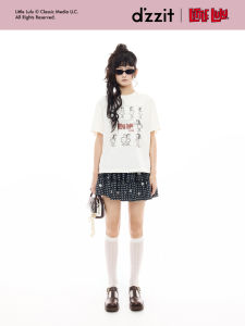 Dzzit Loose Womens Short Sleeve T-Shirt Casual Style Pure Cotton round Neck Top for Autumn Season Little Lulu Collaborative Series