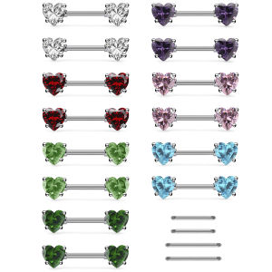6 pcs colored heart-shaped cubic zirconia decorative nipple piercing ring jewelry stainless steel wearing rod for womens