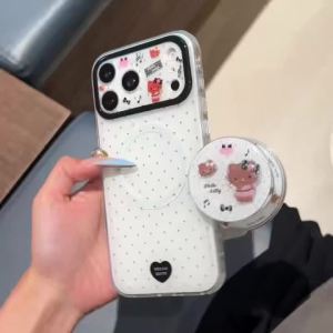 Sanrio | Ốp Điện Thoại Da Chống Sốc Họa Tiết Chấm Bi Đen Hàn Quốc Hello Kitty Có Nam Châm Dành Cho iPhone 14 15 16 17 Pro Max