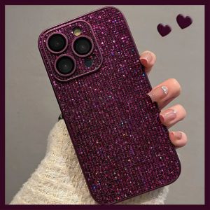 Luxury Sparkling Purple Diamond Leather Pattern Phone Case for  16promax Full Cover with Lens Film Fashionable Womens Model