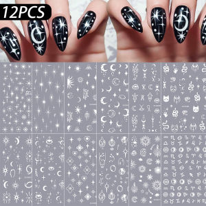12Pcs/set 3D Gold Star Moon Sun Nail Stickers Snake Geometry Lines Self-Adhesive Nail Decals Y2K Staright Manicure Accessories *