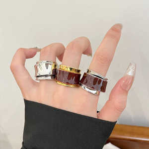 French Vintage Double Layer Chocolate Glaze Open Ring Simple Luxury Minimalist Finger Ring Elegant Geometric Design Alloy Ring