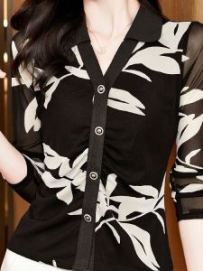 Slim Fit Long Sleeve V Neck Mesh Shirt Womens Printed Base Layer Top Korean Style Commute Fashion Breathable Comfortable