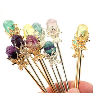 Natural Stone Crystal Fluorite Carving Rose Flower Craft Ornament Room Decor Jewelry for Women Golden Silvery Hair Sticks Gift