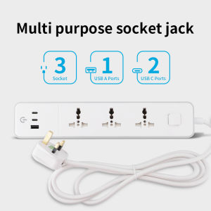 Multi-function row plug 2500W with 2 USB-C  & 1 USB-A Home Outlet Multifunctional Plug Board Power Strip Charging Socket Row Charger Home Power Outlet Extension Socket