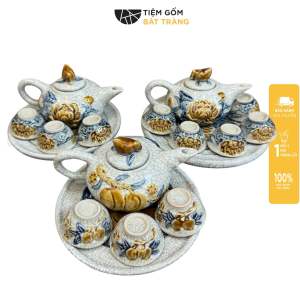 Bộ Trà Sen Men Rạn Đắp Nổi Thờ Cúng Gia Tiên Ban Thần Tài Bộ Trà Quả Đào Gốm Sứ Bát Tràng Cao Cấp