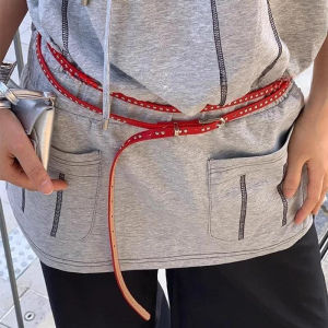 Y2K Punk Rivet Leather Double Thin Belt Women Men PU Black White Waist Strap Trendy Waistband Jeans Skirt Decoration