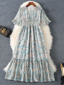 SANGMAN | Floral V-Neck Short Sleeve Slim Fit Midi Dress