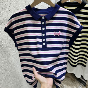 Kích Thước Lớn Nữ Lỏng Lẻo Sọc Băng Lụa Áo Mùa Hè Phần Mỏng Nửa Nút Mở Thêu Áo Chui Đầu Thường Ngày