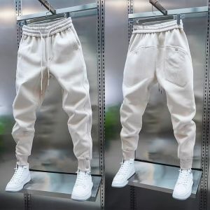 Mens Casual Elastic Waist Sweatpants Autumn Winter Fashion Slim Fit Cuffed Sports Pants Solid Color Youth Popular Daily Wear