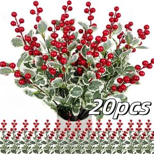 🎄Moonch🎄20 cái quả mọng đỏ hoa chi nhánh articicial giả holly lá giáng sinh quả mọng thân cây tự làm vòng hoa bó hoa nhà trong nhà đồ trang trí