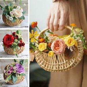 MIKIYO FASHION Willow Rattan Flower Girl Baskets Sturdy Yellow Flower Arrangement Basket Small Storage With Handle Wicker Half Moon Baskets Wedding