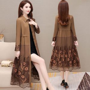 This Years Popular Windbreaker Outwear Womens Mid Length Long Length Spring New Arrival Temperament Youthful-Looking Lace Thin Embroidery Coat Fashion