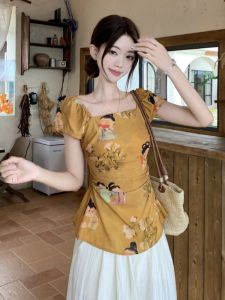 GUZILIAN | Summer Floral Print Short Sleeve T-Shirt Womens Vintage Waist Cinched Pleated Backless Design Square Collar Top Korean Style Slim Fit