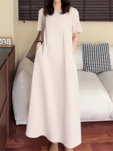 Elegant Retro Apricot Short Sleeve Dress Womens Loose Slimming Midi Skirt Trendy Summer New Arrival A-Line Dress