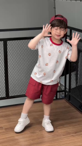 Set bộ thun tay ngắn họa tiết Gấu nhỏ vui nhộn kèm quần short kaki size 9kg tới 28kg BERNIE T1125B18