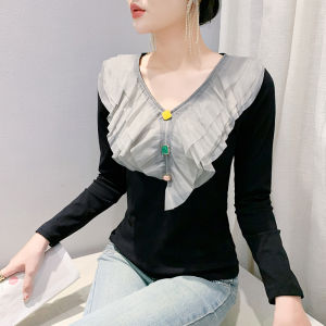 YIMEI เสื้อคอวีคอวีผู้หญิงเสื้อผู้หญิงสไตล์เกาหลีแต่งกระดุมหลากสีเข้ารูปพอดีแขนยาวสีตัดกัน