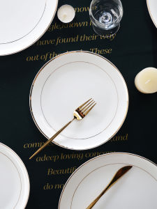 Gold Rimmed Bone China Plate Dinnerware Set Steak Plate Large Flat Dish Pasta Plate Western Style round Shape Adult Use
