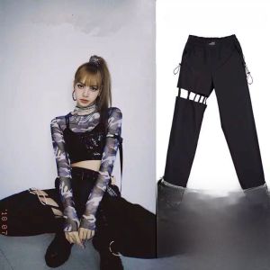 Lisa Hollow out Jazz Dancing Womens Pants Set Hip Hop Style High Waist Long Trousers Asymmetric Korean Version Cotton Blend