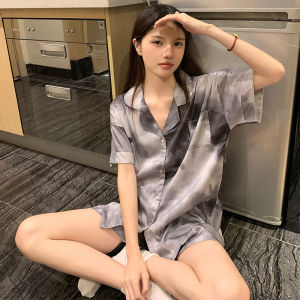 Silk Ice Fabric Womens Summer Short Sleeve Sleepwear Thin Home Clothes Traditional Chinese Style Printed Short Pants Nightgown