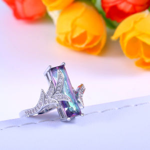 Huitan Unique Super Long Cubic Zircon Stone Prong Setting Women Rings With Cute Plant Pattern Band Cocktail Party Rings
