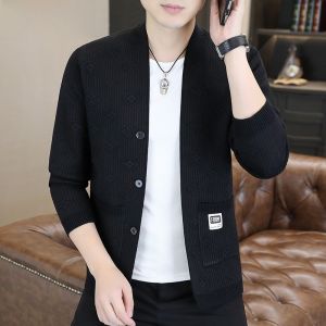 HENGYUANXIANG | Spring Autumn Knitted Sweater Jacket Mens Thin Fashionable Dad Cardigan Loose Fit Casual V-neck Geometric Pattern Polyester Blend