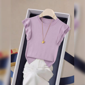 V.C.I | French High-End Purple Flutter Sleeve Iceland Silk Knit T-Shirt Slim Fitting