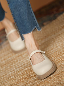 New Chinese Style Genuine Leather Mary Jane Womens Flats French Strap Soft Bottom Flat Shoes round Toe Casual Low Heel