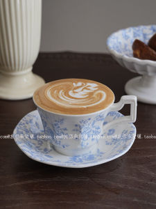 French Vintage Glazed Blue Vine Coffee Cup Plate Latte Art Cup Afternoon Tea High Footed Dessert Plate Fruit Plate