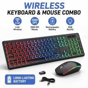 Rechargeable RGB Wireless Keyboard and Mouse Combo Ergonomic Backlit Keyboard Set With 2.4G USB Receiver For Laptop Office Home