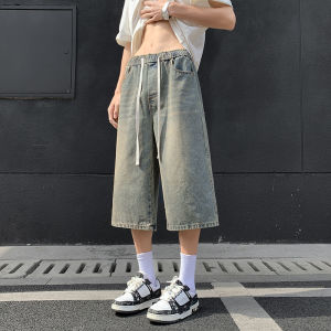 Summer 2025 Mens Loose Straight Leg Jeans Capri Pants Casual Washed Outwear Denim mid Waist Drawstring Teen Trendy