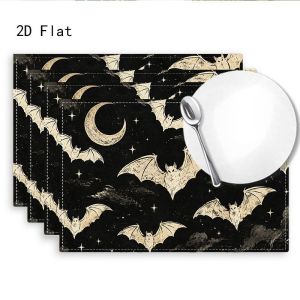 Bộ 2/4/6 Tấm Lót Bàn Cách Nhiệt Chống Trượt Có Thể Giặt Được VIKAMA Halloween Bat Moon Placemats Dùng Cho Nhà Bếp Phòng Ăn Trang Trí Nhà Cửa