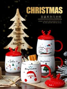 Ly Cốc sứ Giáng Sinh có quai nắp sừng tuần lộc đỏKèm muỗng ông già Noel người tuyết Merry Christmas.