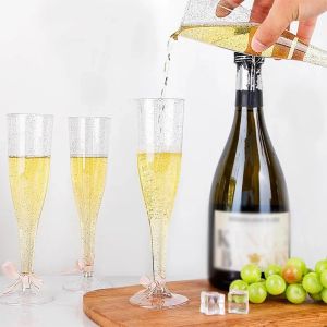 25pcs Disposable Plastic Champagne Flutes 5Oz Clear Glitter Champagne Cups Bar Wedding Party Wine Cups Crystal Wine Cocktail Cup